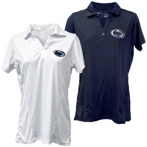 women's white and navy polos with stitched Penn State Athletic Logo on left chest